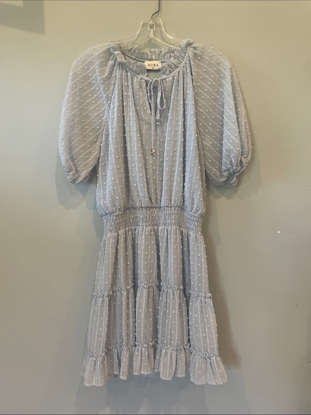 Aura Pale Blue Swiss Dot Tie-Neck Mini Dress